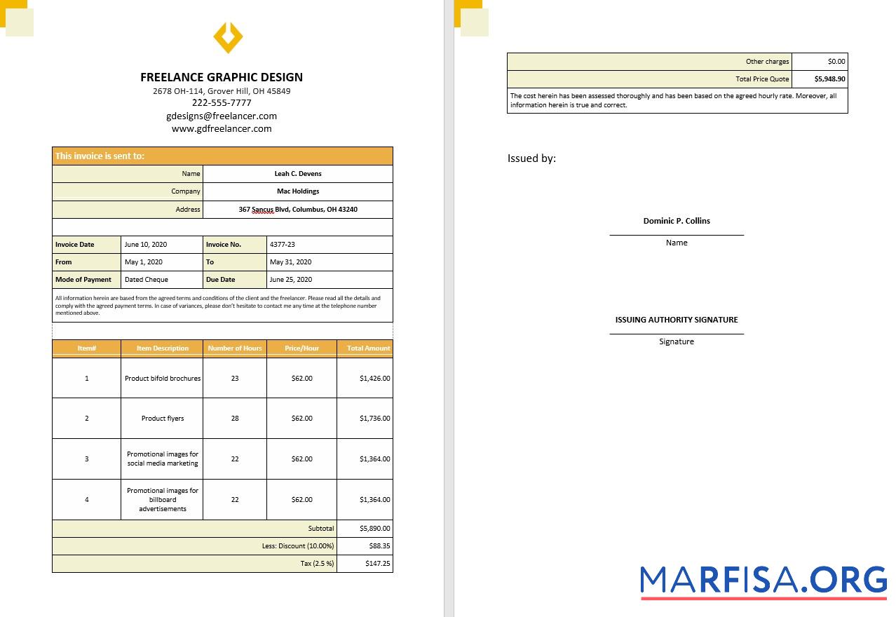 Printable Free Freelance Hourly Invoice template